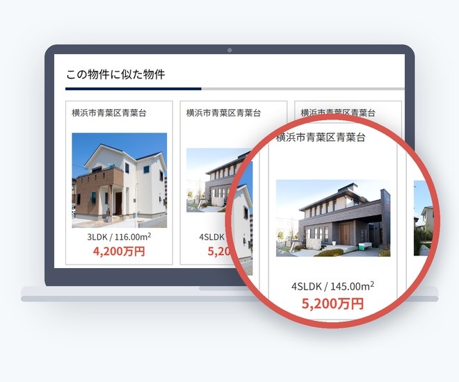パソコンの物件詳細ページの「この物件に似た物件」。同じ地域の戸建のカードが、写真・間取り・建物面積・価格とともに並ぶ