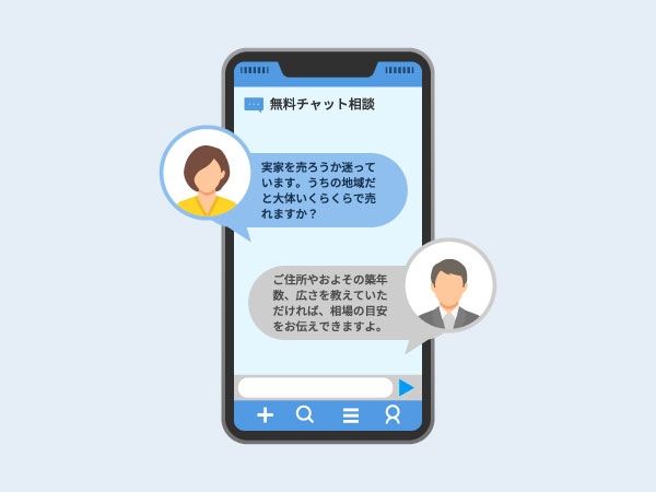 スマートフォンのチャット相談画面。売却を迷っているお客様の質問に、担当者が相場の目安の出し方を案内するやりとり
