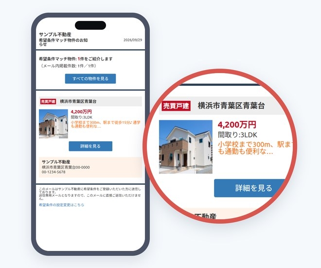 スマートフォンで開いた希望条件マッチングメール。お客様の希望条件に合う物件が届いている