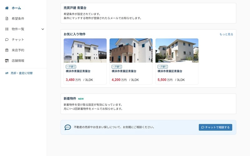 お客様のマイページのホーム。希望条件、お気に入りの物件、新着物件のお知らせ、チャットで相談する入口が並び、左のメニューにチャットと来店予約がある