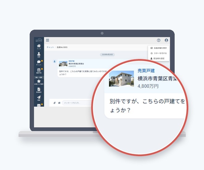 管理画面のチャット。お客様からの相談に、対象の物件の写真・種別・所在地・価格が自動で付いている